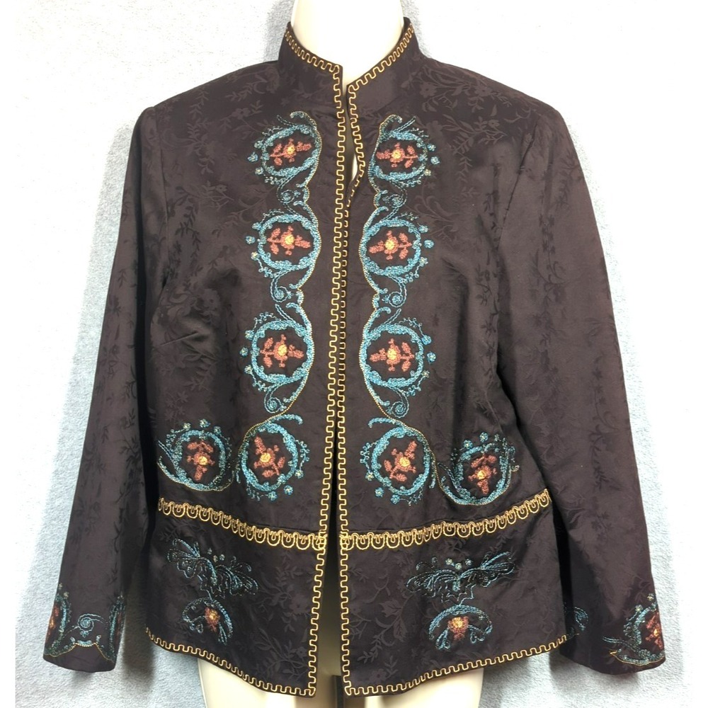 Coldwater Creek Embroidered Jacket PM Brown Jacquard Cotton Boho Chic Polished